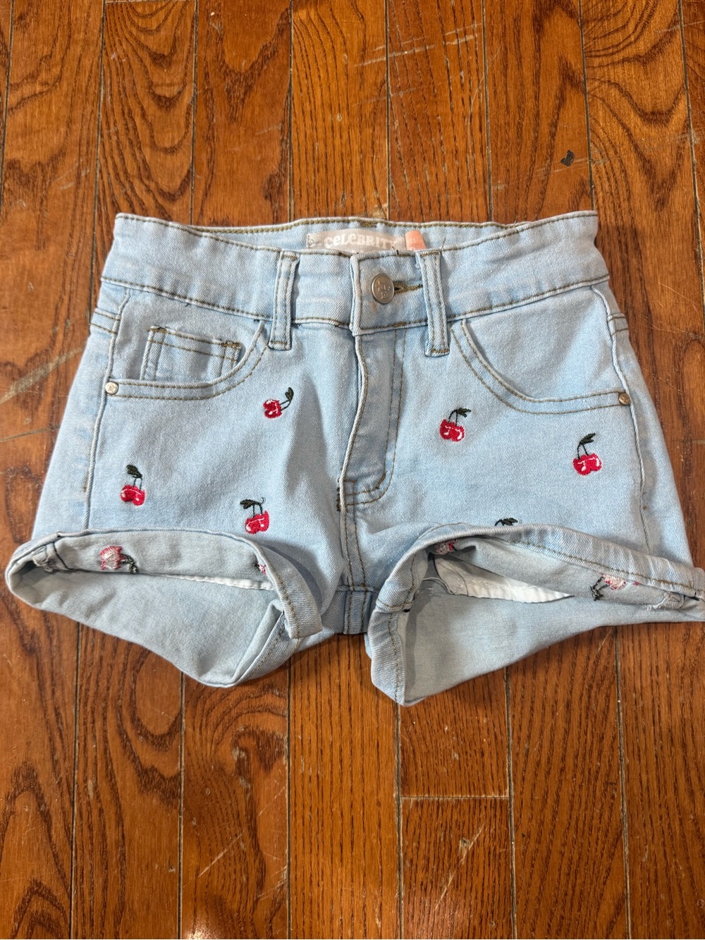 Celebrity Pink Girls' Light Blue Cherry Embroidered Denim Shorts